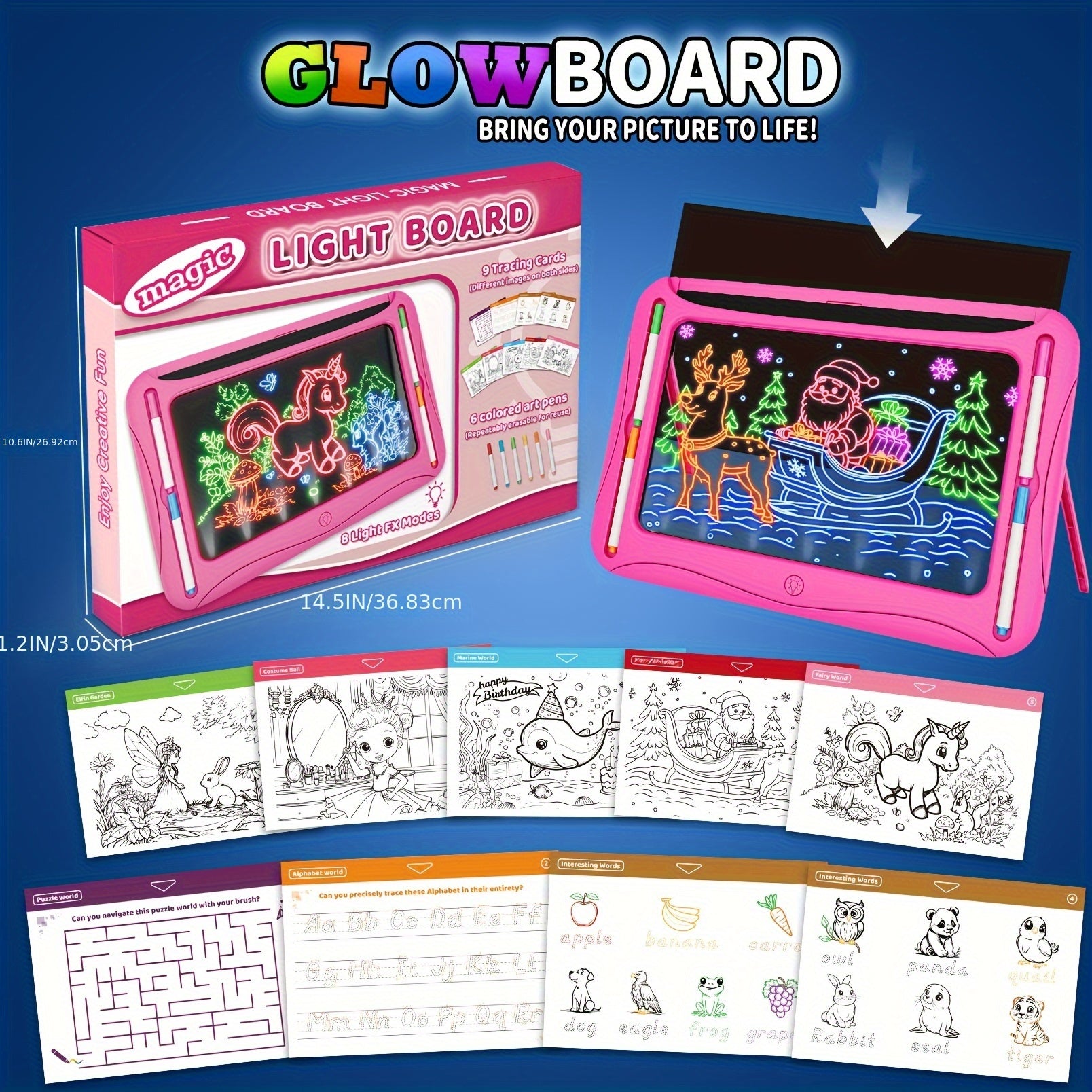 LED Light-Up Drawing Writing Doodle Board, Learning Travel Toy with 9 Double-Sided Cards, 6 Markers, Art Set, Suitable for Birthday Gifts And Christmas Gifts for Girls And Boys Aged 3-8.