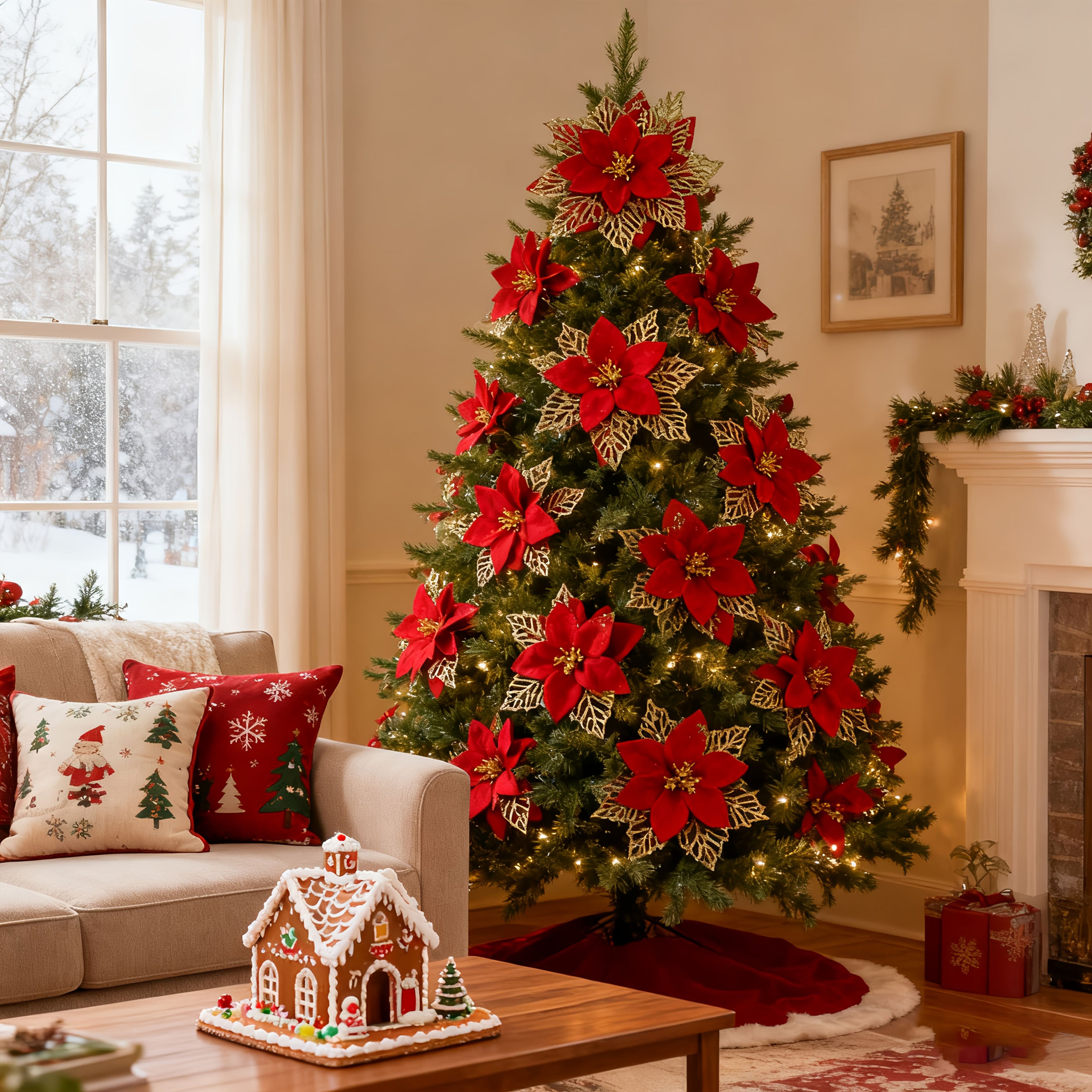 [Christmas] 20pcs/1 Set Christmas Artificial Flowers, 14cm Length with Vibrant Red Petals and Golden Edges, Includes Clips for Easy Installation. Suitable for Tree