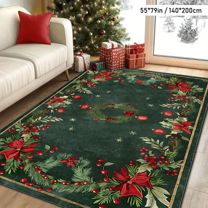 1pc Modern Christmas Holly Pattern Mat, Indoor Large Mat, Christmas Decoration, Non-Slip Backing and Machine Washable, Suitable for Living Room, Dining Room, Bedroom, Office, Room Decoration, Home Decoration, Ultra Soft Hypoa