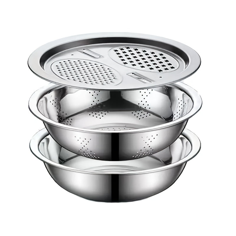 [Stainless Steel Kitchen Set] 3pcs Stainless Steel Kitchen Set with Grinder, Filter and Mixing Bowl - Ideal for Cleaning, Slicing Fruits, Vegetables, and Cheese | Food Safety with Drainage System, Perfect for Home Cooking