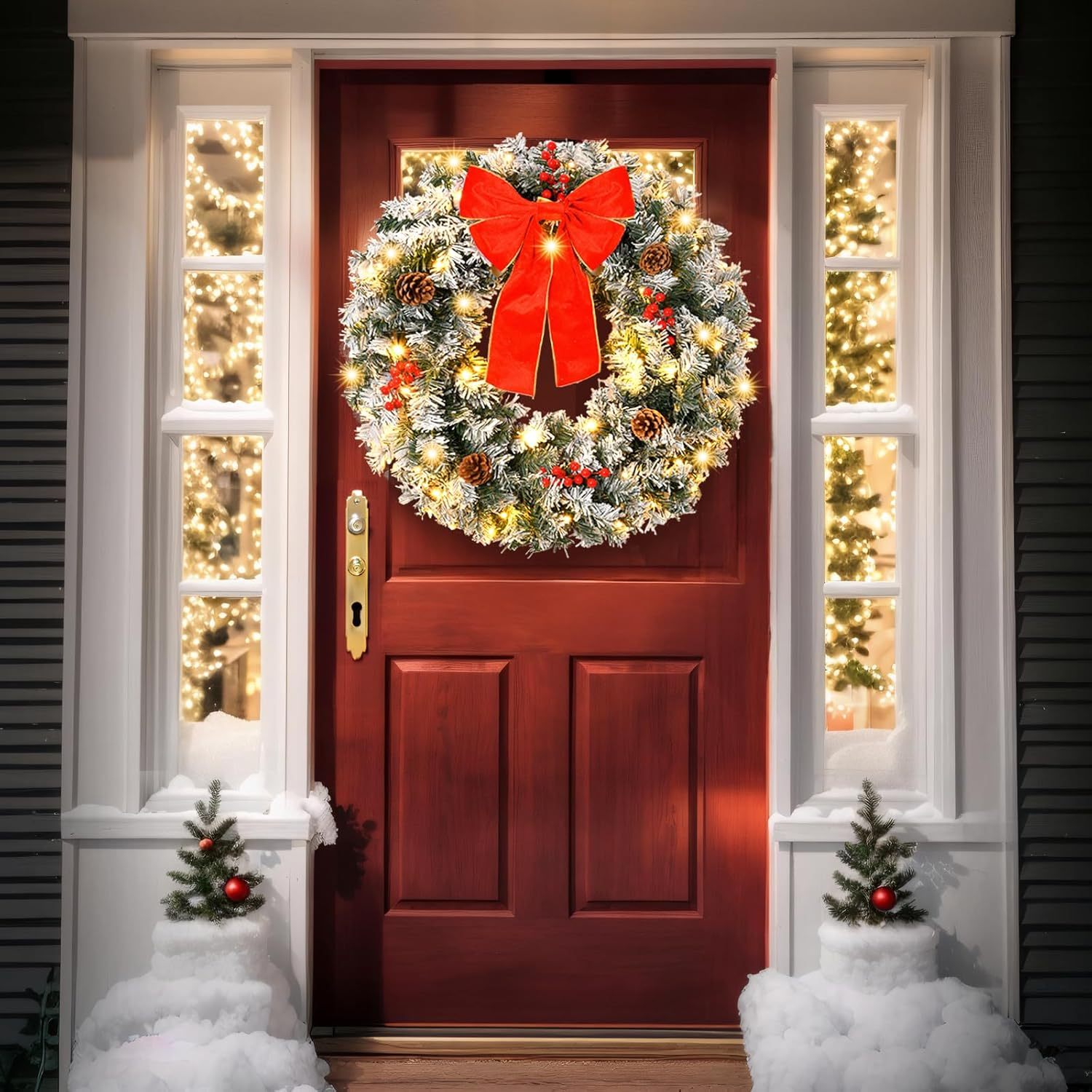 36 Inch Prelit Artificial Christmas Wreath with 100 Warm White LED Lights & 300 Pine Tips - Modern Plug-in Holiday Decor for Door, Window, Fireplace Mantle - Battery Operated (AA Batteries Not Included), Christmas Wreaths for