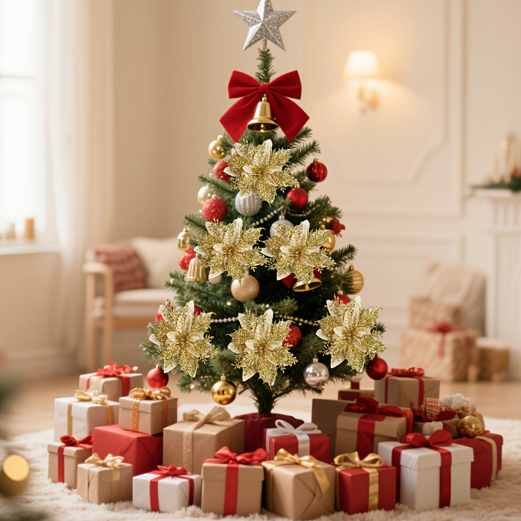 [Shiny Golden Christmas Flowers] 20pcs Shiny Golden Christmas Flowers | 10 Blooms & 10 Clips, No Electricity Needed, Durable Plastic Poinsettia for Xmas Tree Wreaths, Weddings, Parties, Holiday Decorations, Festive Floral Arr