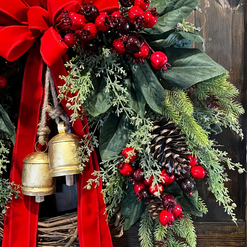 Large Rustic Farmhouse Christmas Wreath with Golden Bells, Red Berries & Pine Cones - Heavy-Duty Plastic /Outdoor Door Hanging Decoration, Burgundy Bow & Green Foliage for Front Door, Mantel, Year-Round Holiday Décor (Golden