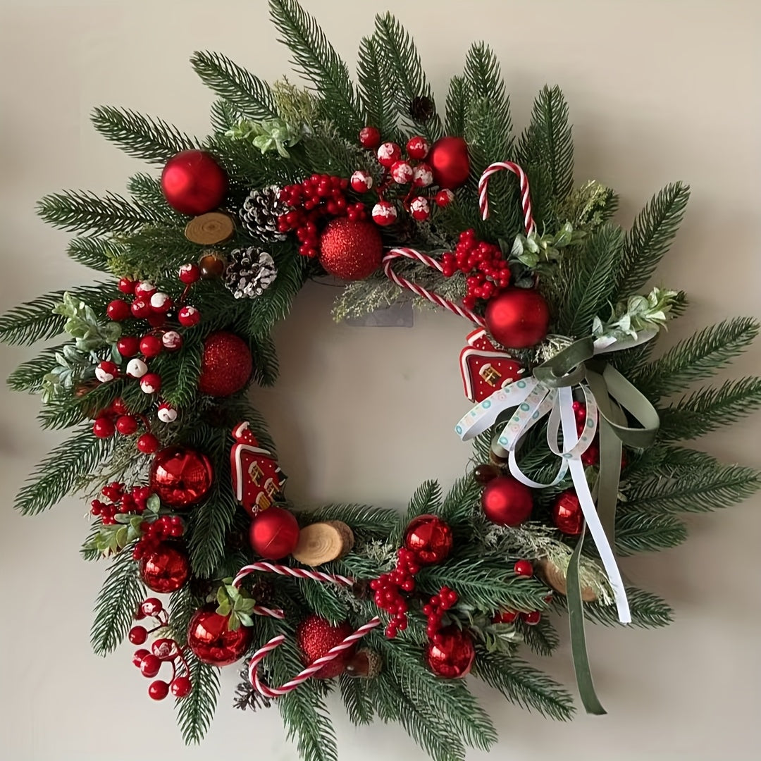 Christmas Wreath Decoration with Red Berries, Pine Cones, Candy Accents - Heavy-Duty Plastic Holiday Door Hanging Decor for Home, Mantel, Table Centerpiece - No Electricity Needed, Easy Hang with Loop - Indoor/Outdoor Christm