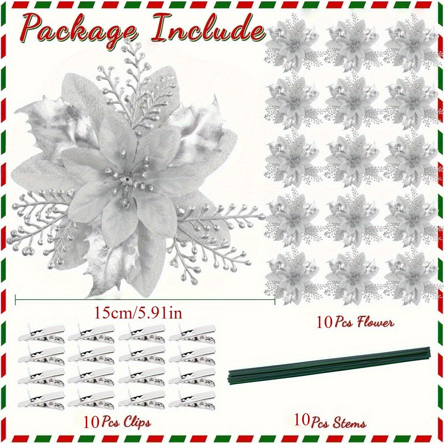 30pcs Christmas Tree Decorations with Poinsettia Clips - Colorful Sugar Shape Artificial Flower Branches, Red Poinsettia Flowers and Golden Accents, Plastic Holiday Decorations, Suitable for Christmas Trees, Wreaths, Vase Fil