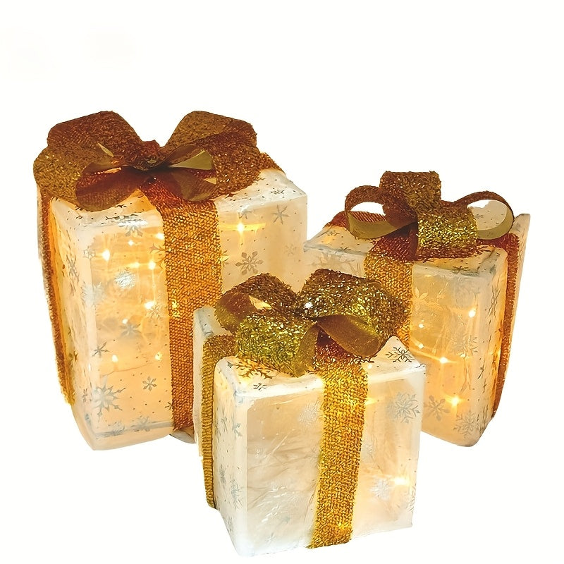 3pcs Christmas Thanksgiving LED Light-Up Gift Box with Multiple Lights Modes, No Built-Battery Glowing Decorative Red Bow Xmas Tree Yard Home Ornament (3*AA Batteries Not Included), Christmas Decorations For Home, Santa Claus