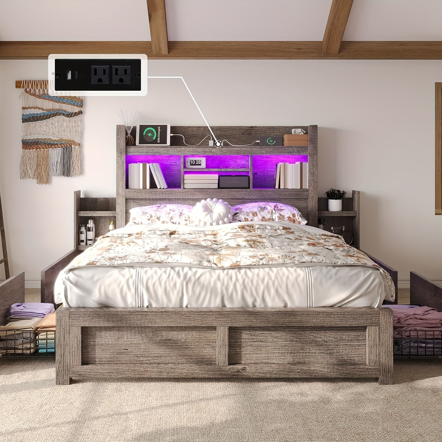 Farmhouse Wooden Bed Frame With 4 Storage Drawers, LED Bed Frame With 49" Tall Bookcase Headboard, Wood Platform Bed With Charging Station & 2 Slide Bedside Shelf