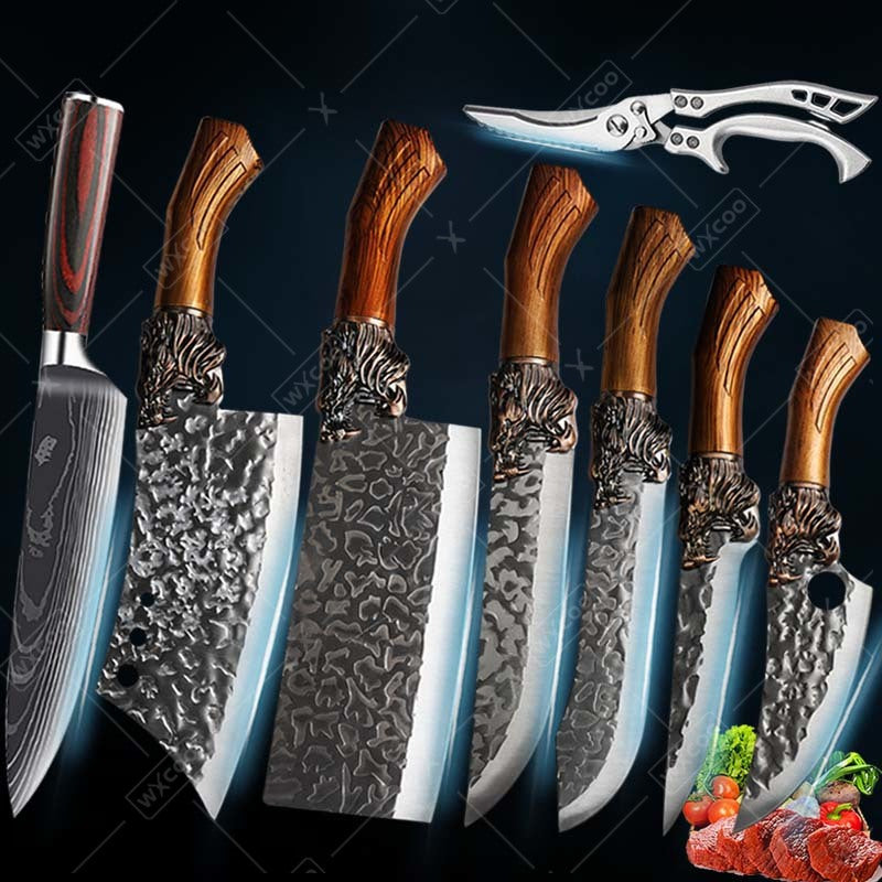 8pcs Stainless Steel Professional Kitchen Chef Knife Set - Handmade Forged Ultra-Sharp Utility Knife, Boning Knife, Cutting Knife, Fish Knife, Butcher Knife, Kitchen Scissors, Bone Scissors for Kitchen Convenience Boning Duck