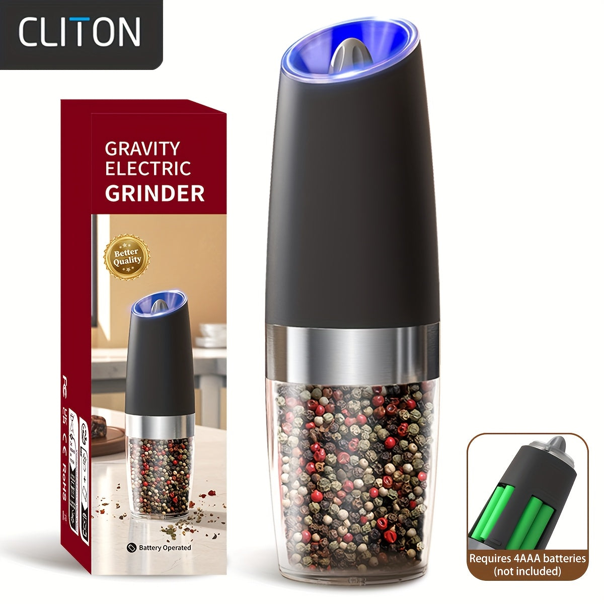 1pc/2pcss Electric Salt And Pepper Grinder, Automatic Pepper Mill, Salt And Pepper Grinder Electric 2pcs, Tilted Automatic Grind With LED Light, Battery Powered, Adjustable Coarseness, Easy To Clean, One-Hand Operation, Kitch
