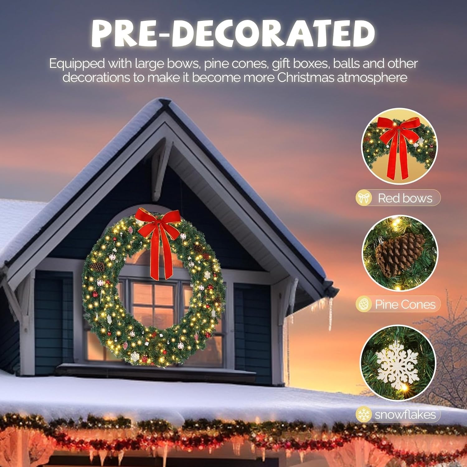 60 Inch Large Pre-lit Christmas Wreath - Xmas Door Garlands with 220 LED Lights, 600 PVC Branch Tips, Bow, Pine Cones & Ornaments - Holiday Home Decor for Door Fireplace Wedding Party Banquet Events- Indoor Easy Hang Christma