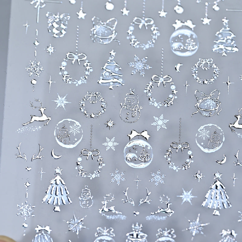 Christmas Nail Stickers - Golden Embossed Snowflakes on Branches, 3D Christmas Tree & Crystal Ball Design with Bells, Reindeer & More Classic Holiday Elements! Sparkling Blingbling Glitter Effect, Easy to Apply with Adhesive