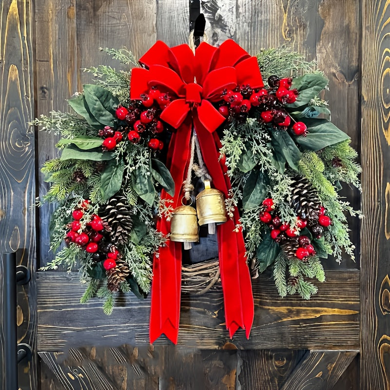 Large Rustic Farmhouse Christmas Wreath with Golden Bells, Red Berries & Pine Cones - Heavy-Duty Plastic /Outdoor Door Hanging Decoration, Burgundy Bow & Green Foliage for Front Door, Mantel, Year-Round Holiday Décor (Golden
