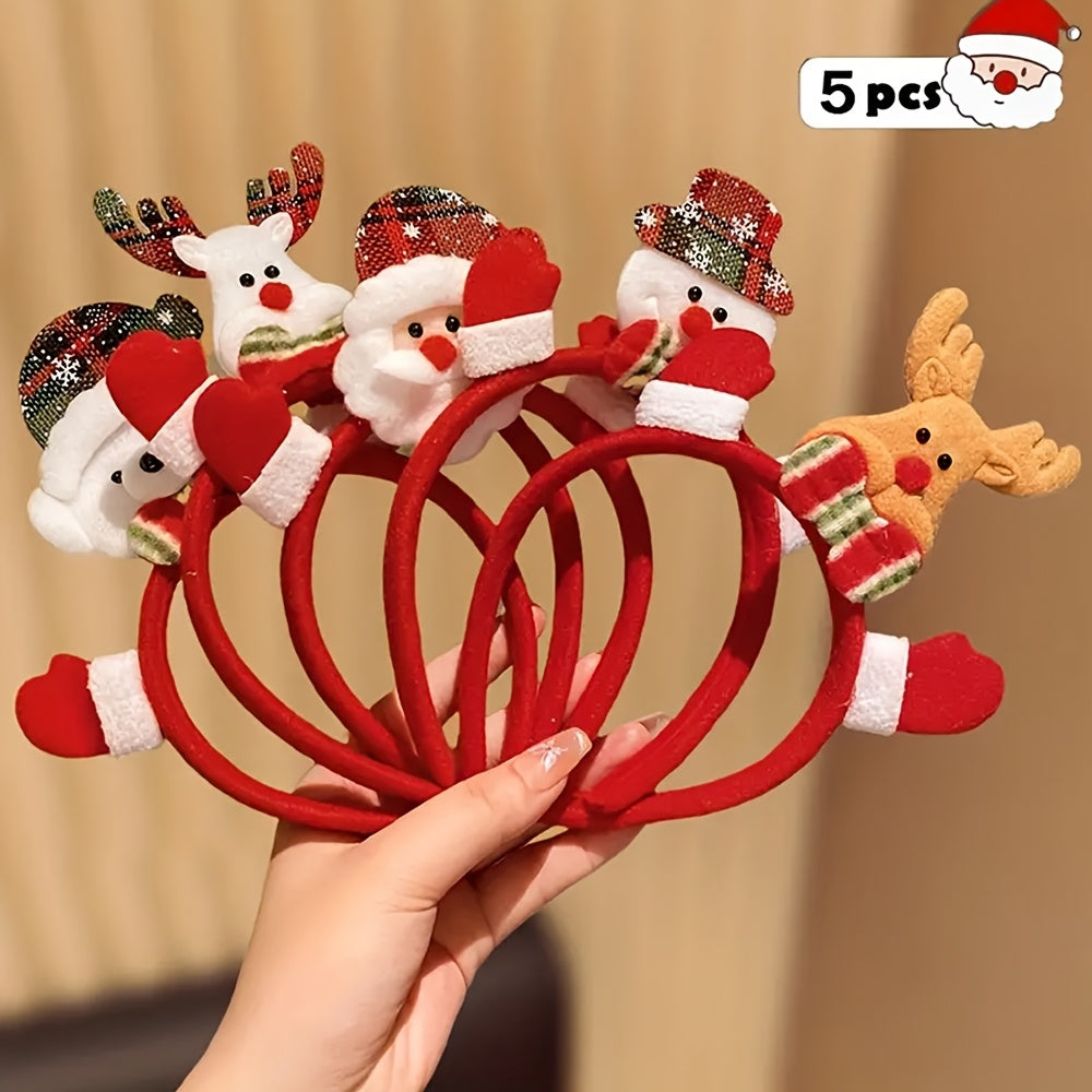5pcs Festive Christmas Headbands with Santa, Reindeer & Snowman Charms - Soft Polyester Hair Accessories for Women, Perfect Holiday Gift for Teens & Adults, Festive Headwear | Playful Design | Durable Headbands, Christmas Acc