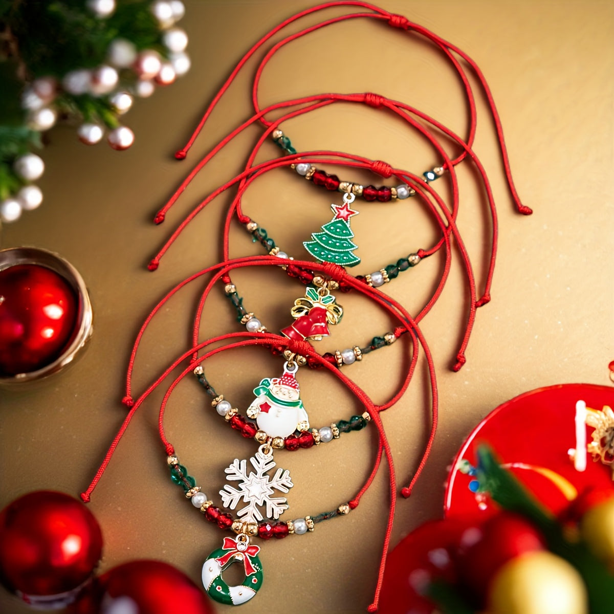 5pcs Santa Claus Reindeer Snowflake Shaped Bead Bracelet Set - Fashionable Daily Wear and Holiday Accessories - Unique Gift Idea with Cute and Sweet Style, Best for Christmas, Perfect for Thanksgiving, Perfect for Christmas,