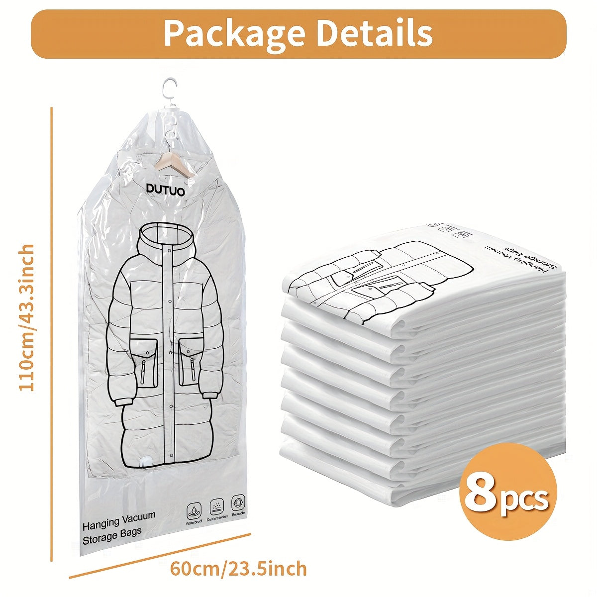 8-Pack Hanging Vacuum Storage Sealer Bags, Space Saving, for Clothes, Suits And Jackets, Wardrobe Organizer Bags, Travel, 8pcs Set (4 Long Bags, 4 Short Bags), White And Transparent