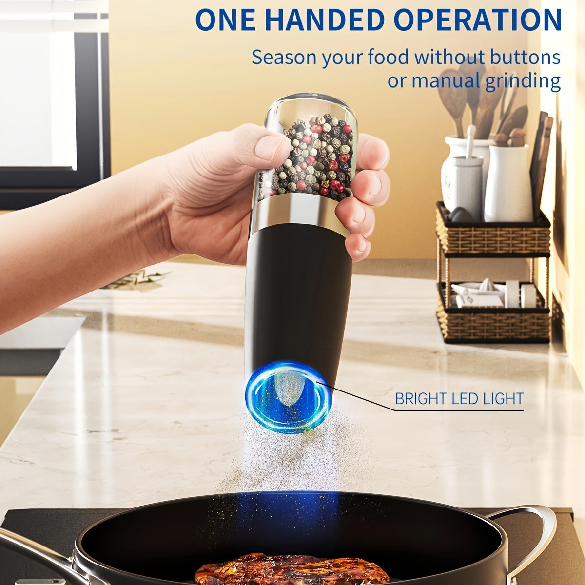 1pc/2pcss Electric Salt And Pepper Grinder, Automatic Pepper Mill, Salt And Pepper Grinder Electric 2pcs, Tilted Automatic Grind With LED Light, Battery Powered, Adjustable Coarseness, Easy To Clean, One-Hand Operation, Kitch