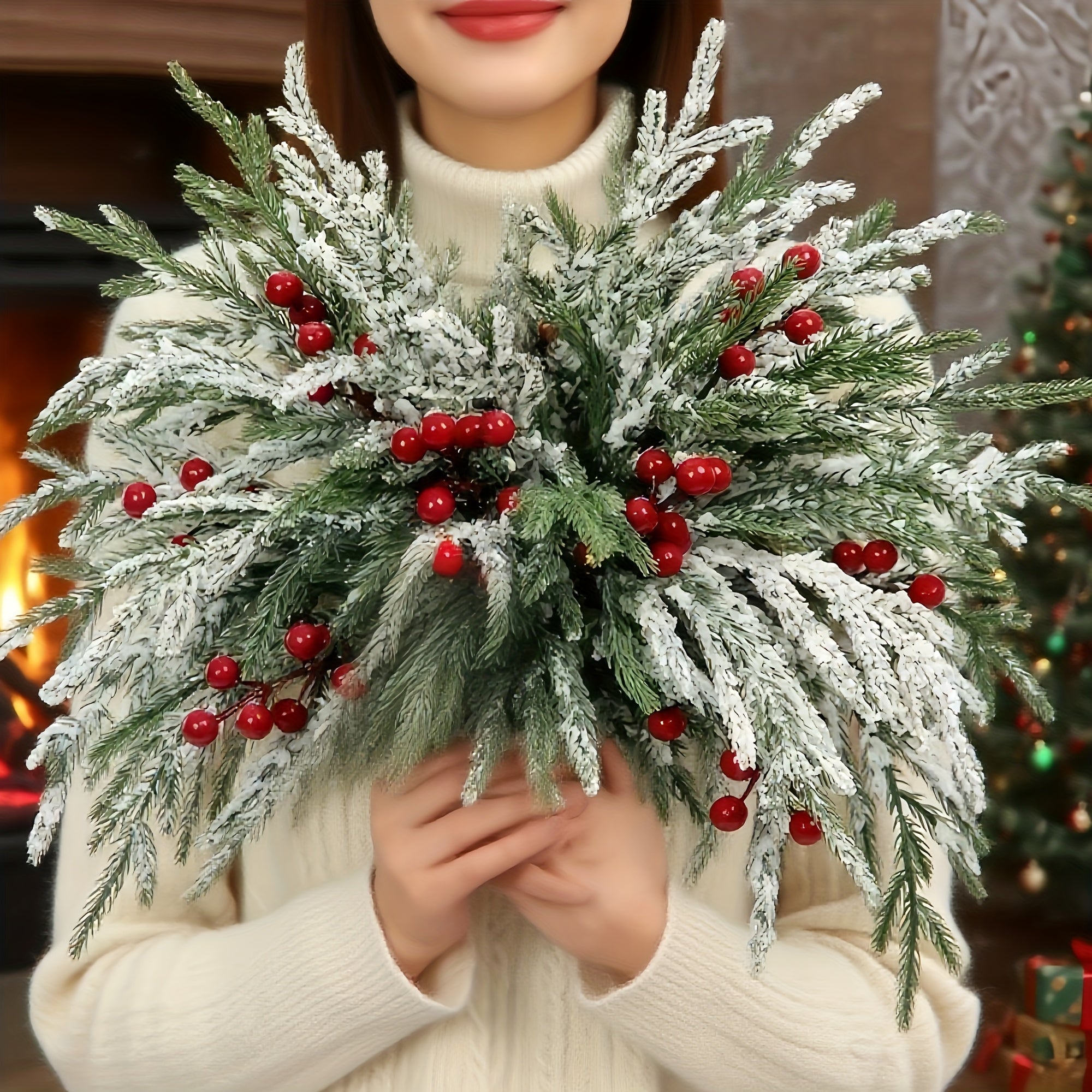 30pcs - Outdoor Artificial Norfolk Pine Branches with Red Berries - Realistic Pine Tree Wreath, Green Needles and Snow-Covered, Suitable for Outdoor Use - Christmas