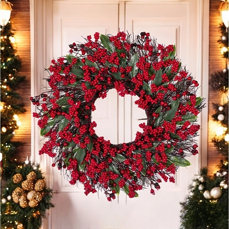 1pc Christmas Red Berry Wreaths 48cm/18.5in Simulation Wreaths with Thick Red Berries Artificial Festival Decoration Christmas Home Hanging Decoration Showcase Fireplace Doors and Windows Wall Material Durable Artificial Plan