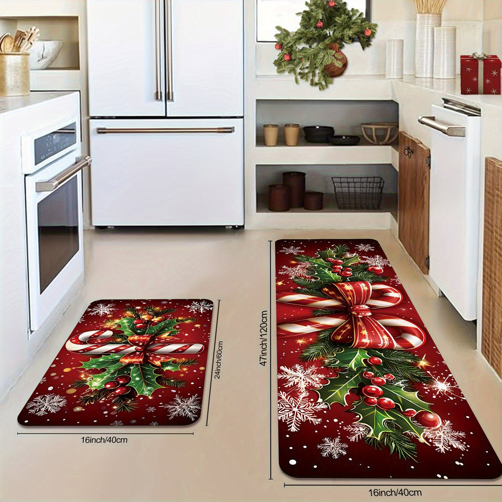 2/3pcs Merry Christmas Winter Decor Candy Canes Holly Snowflake Kitchen Mat Set, Luxury Holiday Red Green Memory Foam Mat for Easy Cleaning - Festive Home Gift