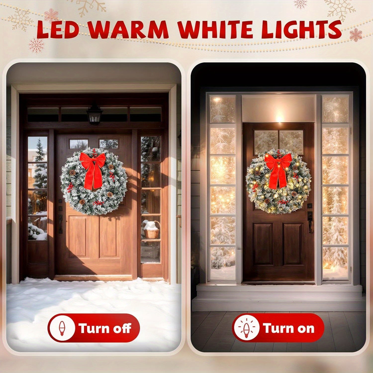 36 Inch Prelit Artificial Christmas Wreath with 100 Warm White LED Lights & 300 Pine Tips - Modern Plug-in Holiday Decor for Door, Window, Fireplace Mantle - Battery Operated (AA Batteries Not Included), Christmas Wreaths for