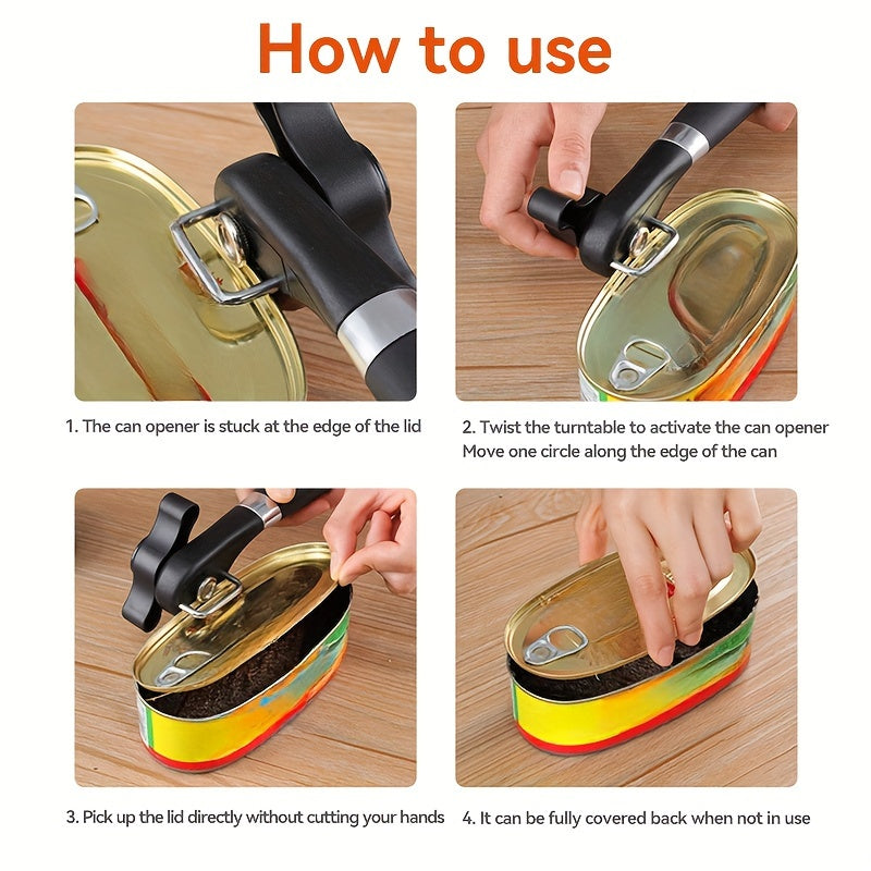 [Stainless Steel Can Opener] 1pc TLDOD Stainless Steel Manual Can Opener - Quick & Easy Side Opening Tool with Black Plastic Handle - Effortless Kitchen Essential for Home Use - Sleek Modern Design