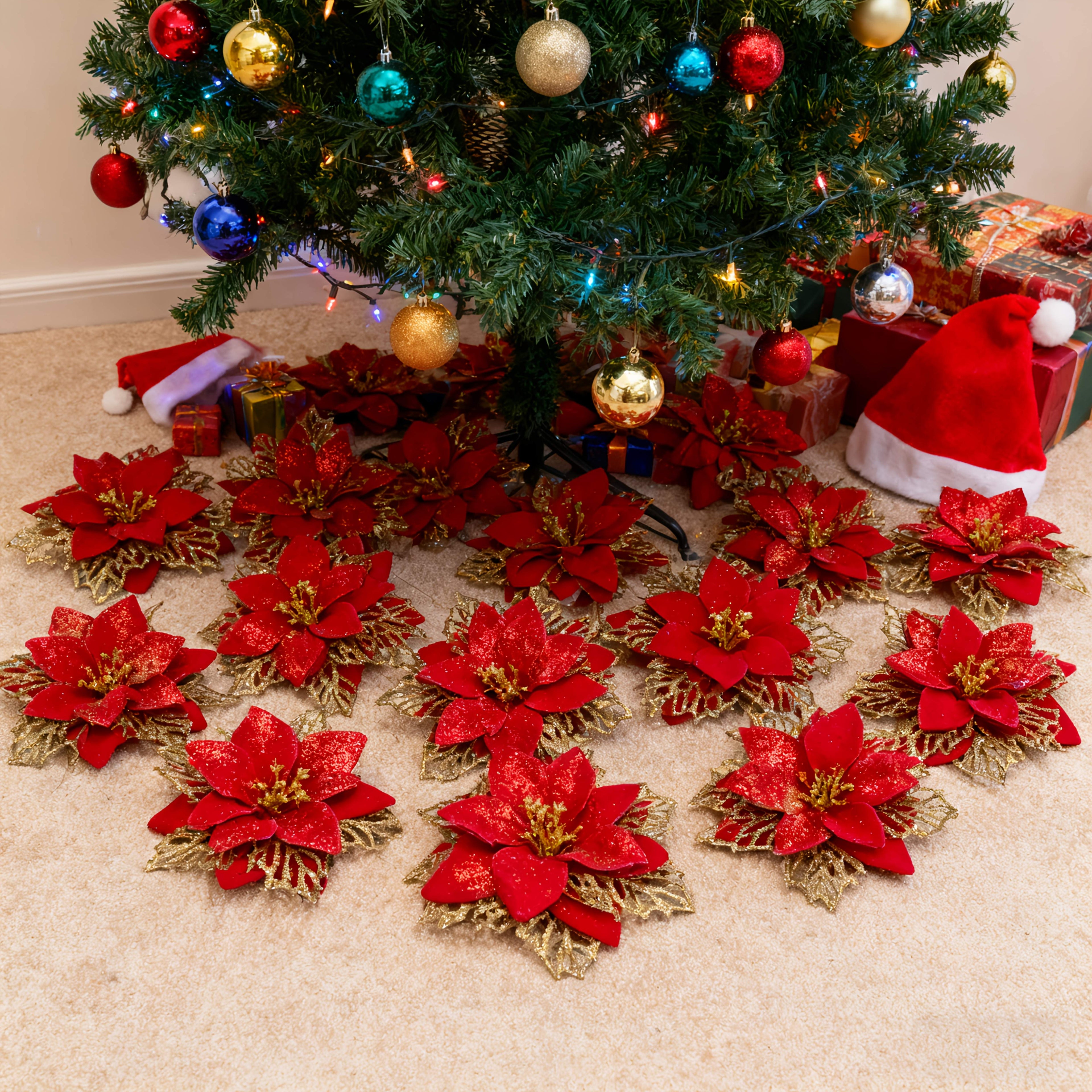 [Christmas] 20pcs/1 Set Christmas Artificial Flowers, 14cm Length with Vibrant Red Petals and Golden Edges, Includes Clips for Easy Installation. Suitable for Tree