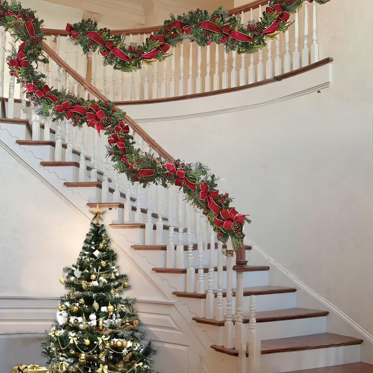 1pc 59" Luxurious Pine Cones Christmas Garland with Red Bow - Perfect for Indoor/Outdoor Holiday Decor, Fireplace Mantle & Home Accents