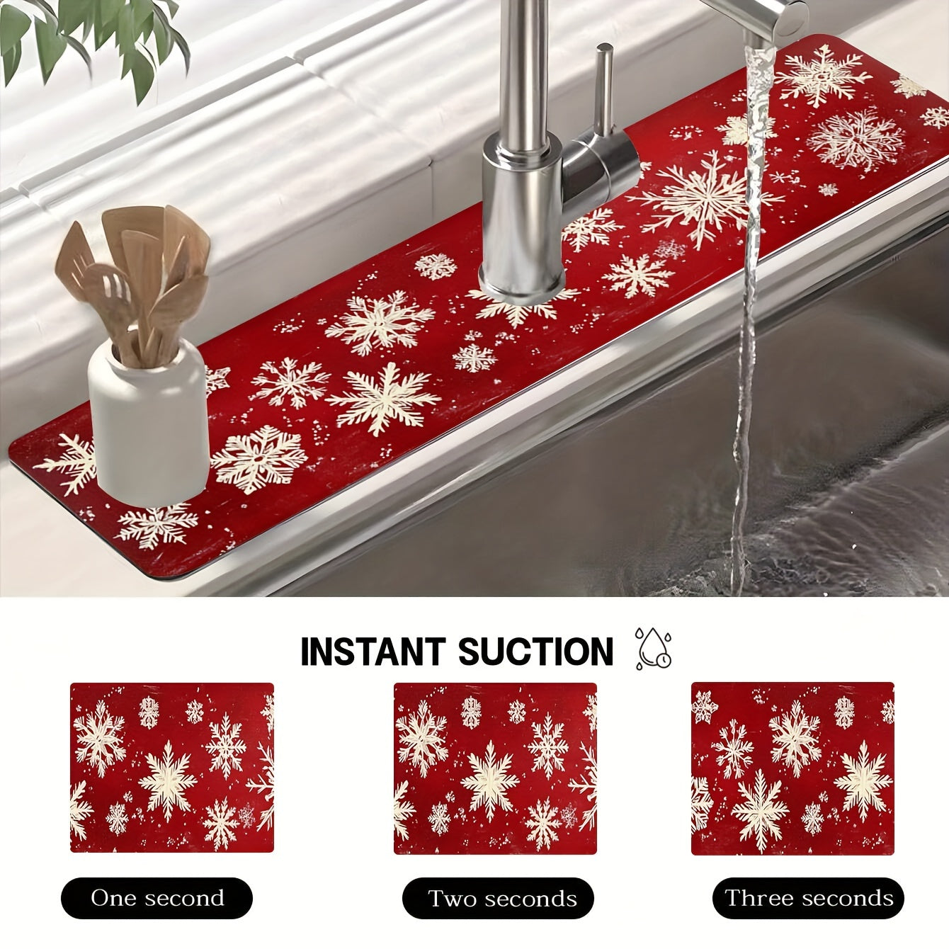 [1PC Christmas Snowflake Mat] Christmas Snowflake Red Dish Drying Mat - 1PC Moisture-Wicking Polyester Kitchen Faucet Pad, Durable and Absorbent Sink Surround Cover for Holiday Decor, Ideal for Home and Gift Use