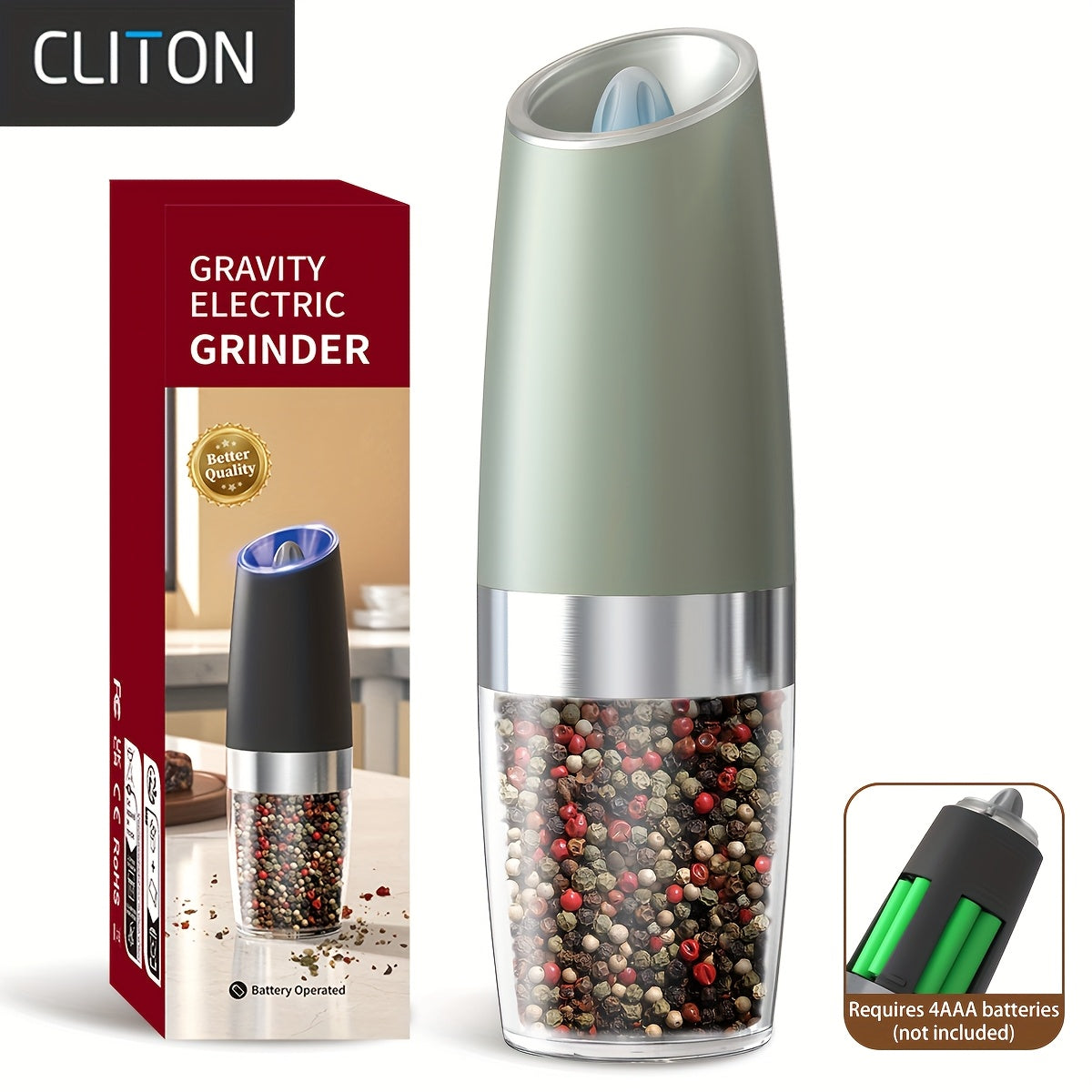 1pc/2pcss Electric Salt And Pepper Grinder, Automatic Pepper Mill, Salt And Pepper Grinder Electric 2pcs, Tilted Automatic Grind With LED Light, Battery Powered, Adjustable Coarseness, Easy To Clean, One-Hand Operation, Kitch