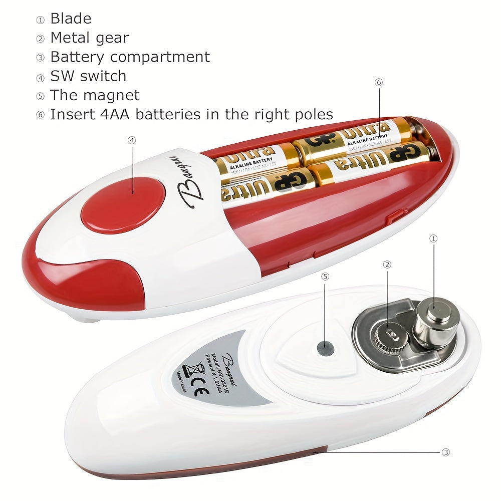 Bangrui Electric Can Opener - Hands-Free, Battery-Operated with Smooth Edge, Red & White Design, Ideal for Seniors with Arthritis, Easy-Grip Kitchen Gadget, Modern Kitchenware | Durable Plastic Body