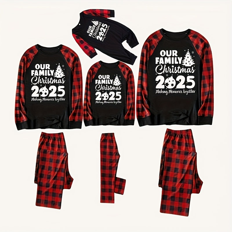 Two Piece Family Matching Christmas Pajamas Set 2025 PJ Party Holiday Gift For Whole Family Flame Resistant Long Sleeve Crew Neck "Making Memories Together" Christmas Tree Contrast Print Black Red Plaid Splice Pants Machine W