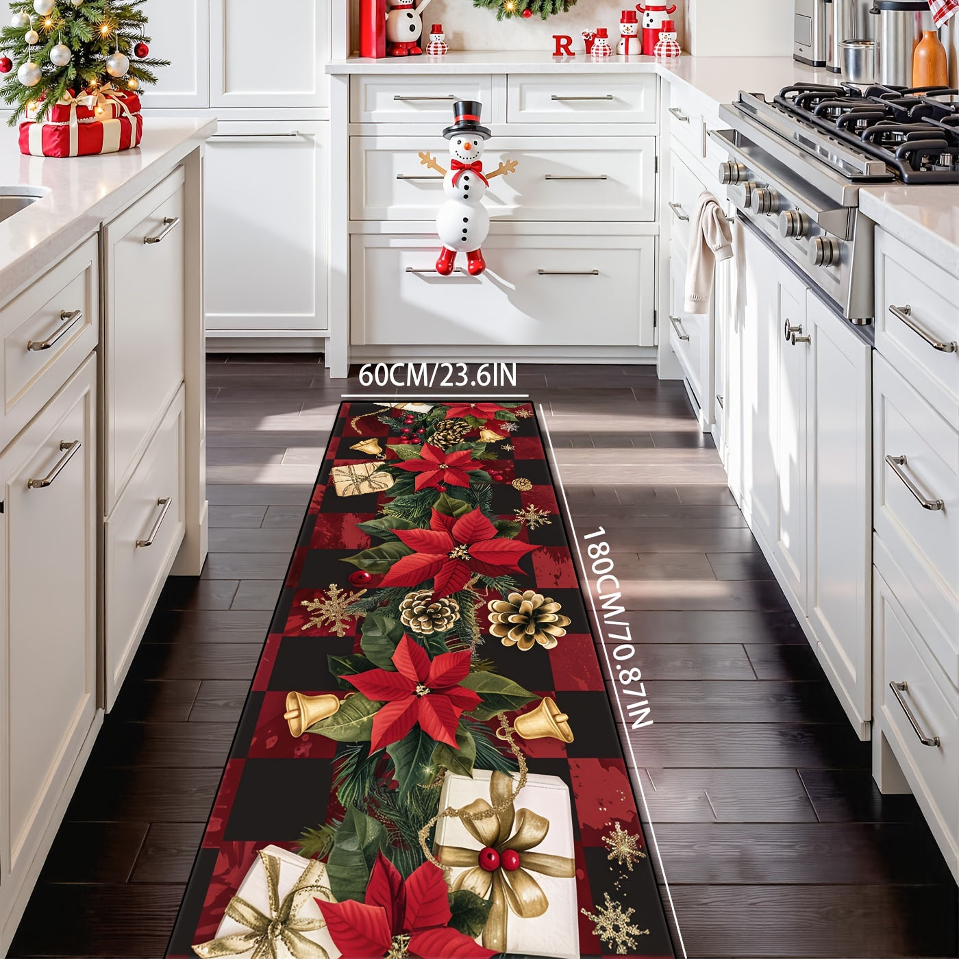 Crystal Velvet + Weight 850g + Thickness 6mm 1pc Christmas Decoration Crystal Velvet Corridor Long Mat Floral and Red Plaid Design Living Room Decorative Mat Soft, Comfortable, Easy to Clean Machine Wash Suitable for Kitchen