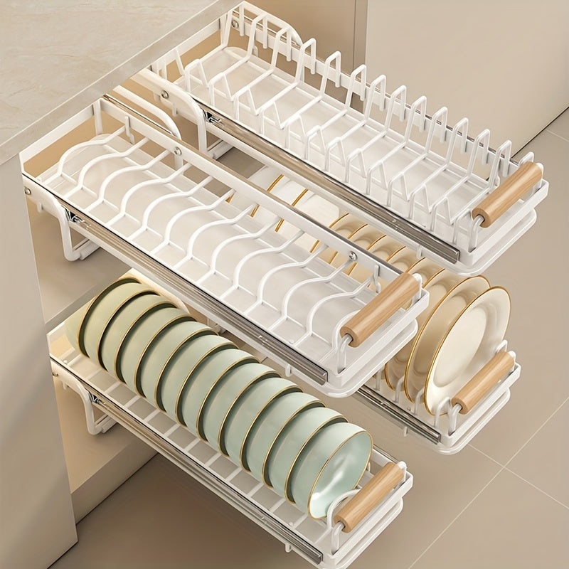 1pc Dish Rack, Countertop Single/double Layer Slide Out Dish Drying Rack, Large Capacity Durable Drawer Type Dish Storage Organizer, For Kitchen Countertop, Kitchen Organizers And Storage, Kitchen Accessories