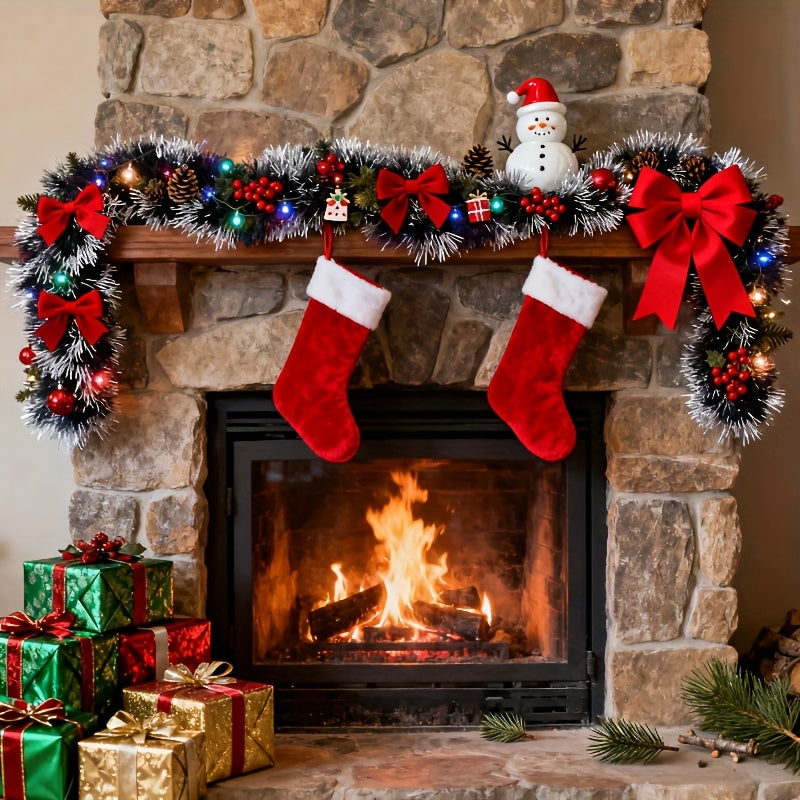 314.96inch Plastic Farmhouse Style Realistic Christmas Decoration Garland with Dark Snow Tips and Red Bows, Ideal for Holiday Parties, Home, Restaurant, Fireplace & Outdoor Festive Decorations, Perfect Floral Arrangement, Chr