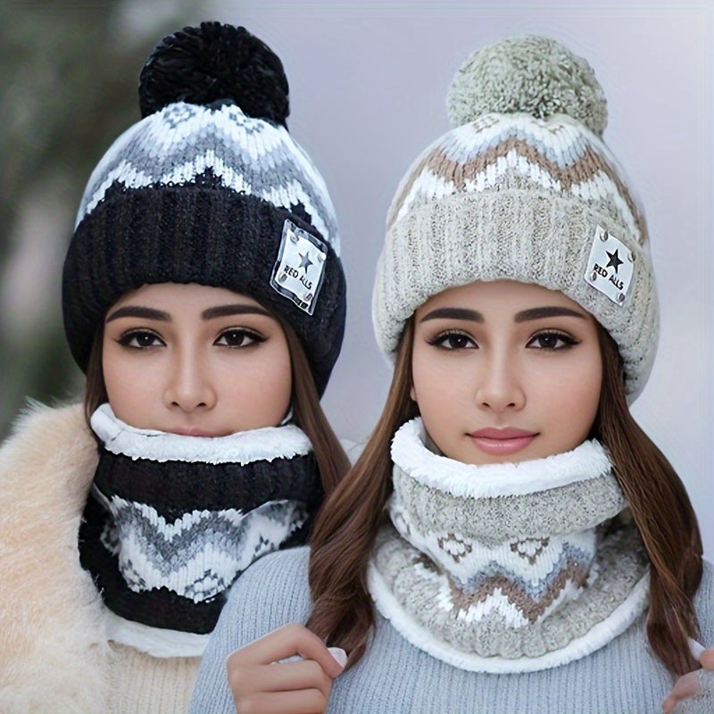 2pcs Winter Women'S Winter Hat and Scarf Set - Star Decoration Pink and White Striped Hat Soft Fleece Beige/Pink/White/Grey/Black, Elastic Stretch Fit, Comfortable Fleece Lining, Suitable for Skiing, Cycling, Daily Cold Weath