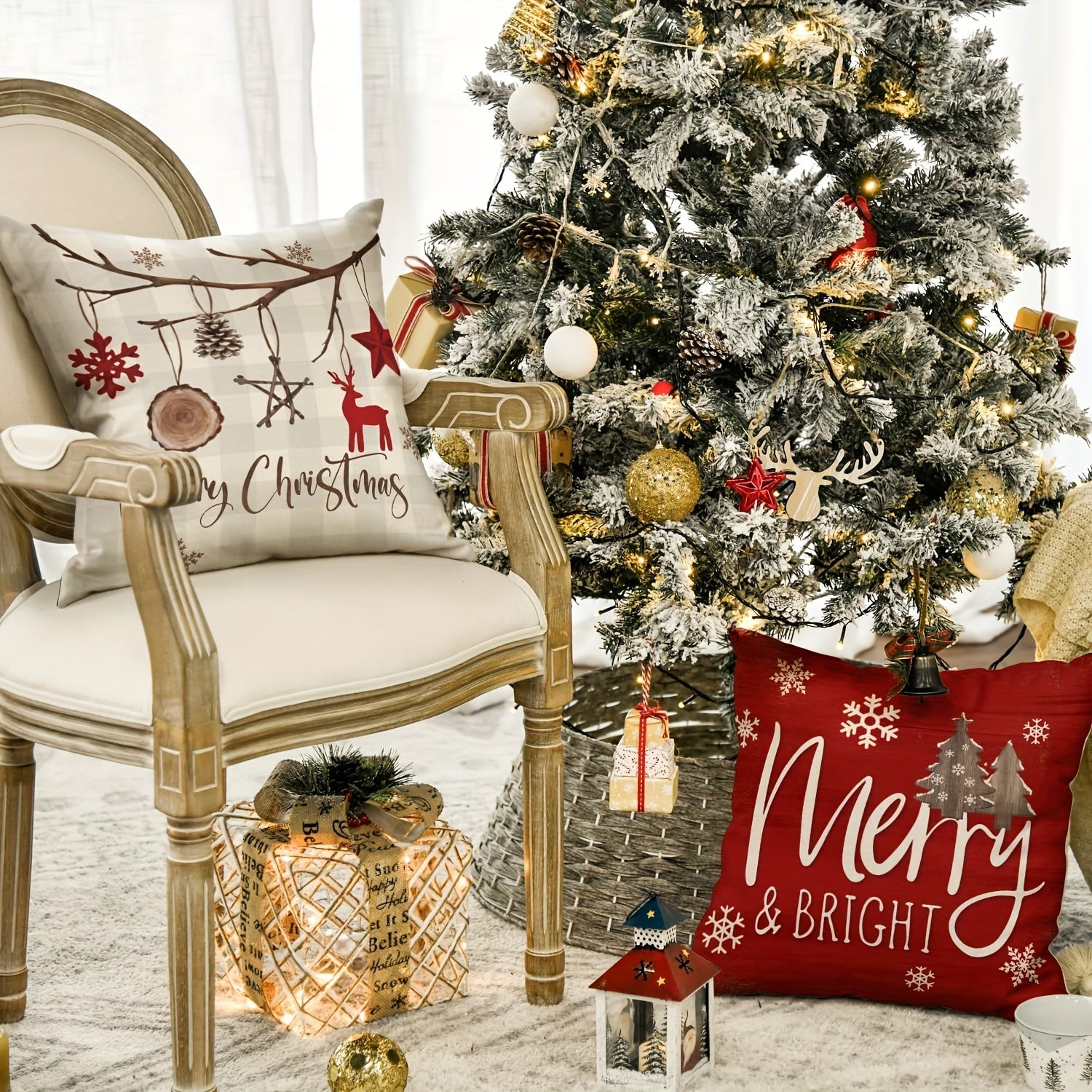 4pcs Merry & Bright Christmas Let It Snow Snowflake Buffalo Plaid Throw Pillow Covers, Red Xmas Trees Winter Holiday Cushion Case Decoration for Sofa Couch