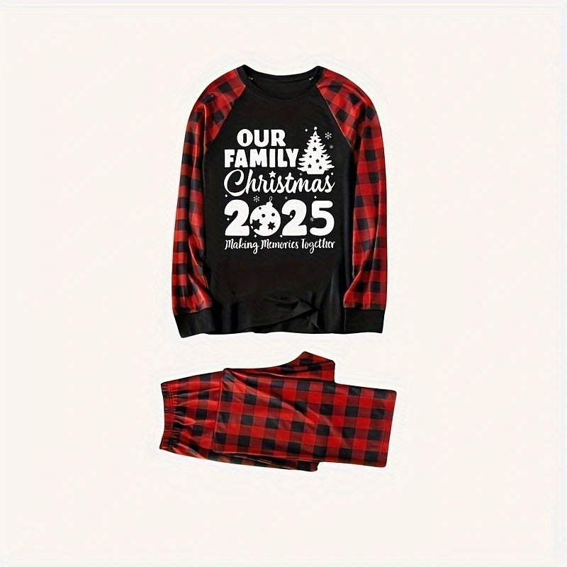 Two Piece Family Matching Christmas Pajamas Set 2025 PJ Party Holiday Gift For Whole Family Flame Resistant Long Sleeve Crew Neck "Making Memories Together" Christmas Tree Contrast Print Black Red Plaid Splice Pants Machine W