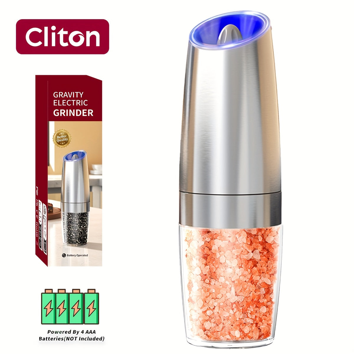 1pc/2pcss Electric Salt And Pepper Grinder, Automatic Pepper Mill, Salt And Pepper Grinder Electric 2pcs, Tilted Automatic Grind With LED Light, Battery Powered, Adjustable Coarseness, Easy To Clean, One-Hand Operation, Kitch