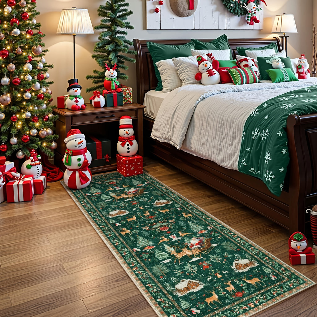 Christmas Running Mat 24x71in Red Running Mat, Suitable for Hallway, Kitchen Mat, Washable Mat, Soft Christmas Tree Santa Claus Running Mat, Used for Bathroom Bedside Holiday Decoration (Red and Green), Christma Carpet Runner