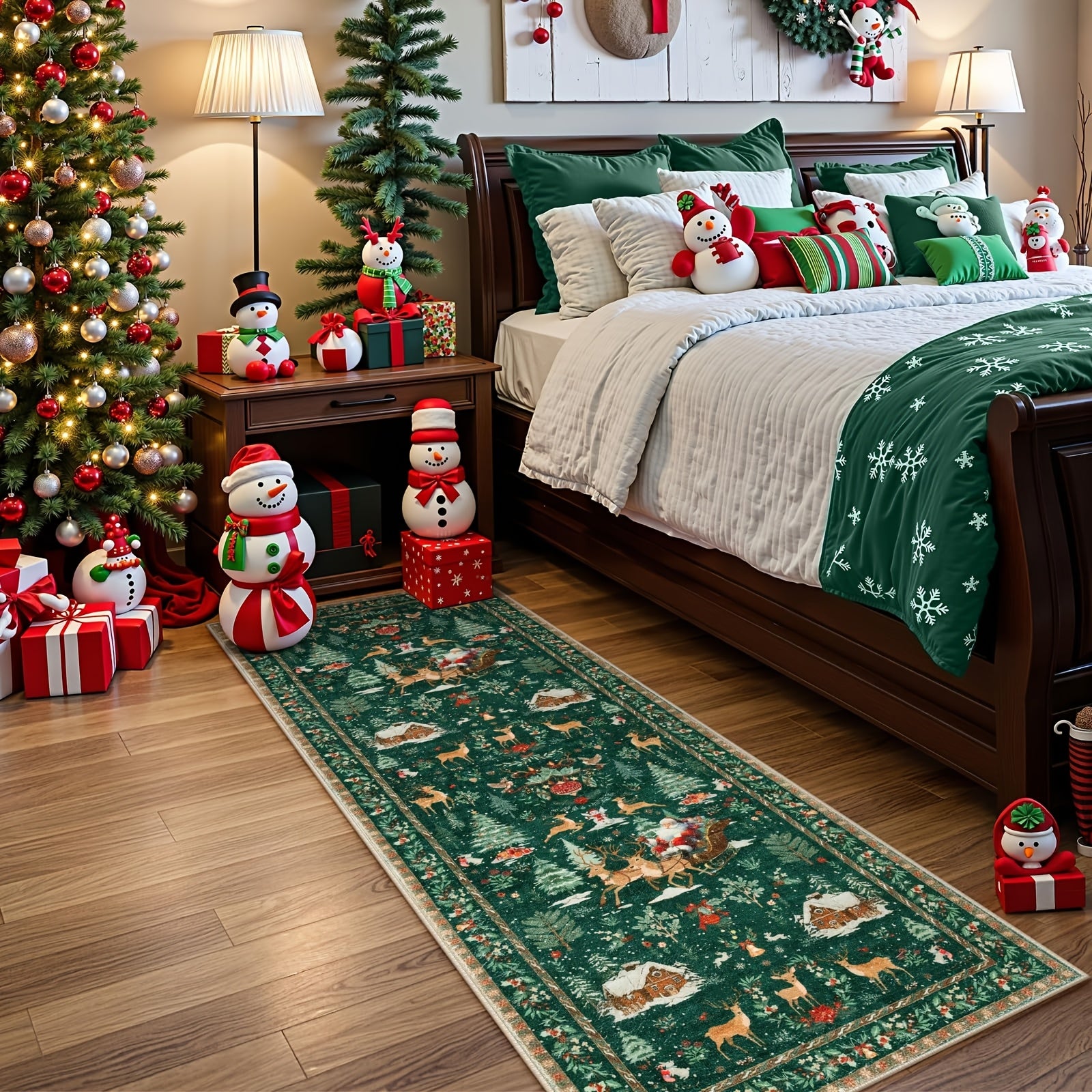 Christmas Running Mat 24x71in Red Running Mat, Suitable for Hallway, Kitchen Mat, Washable Mat, Soft Christmas Tree Santa Claus Running Mat, Used for Bathroom Bedside Holiday Decoration (Red and Green), Christma Carpet Runner