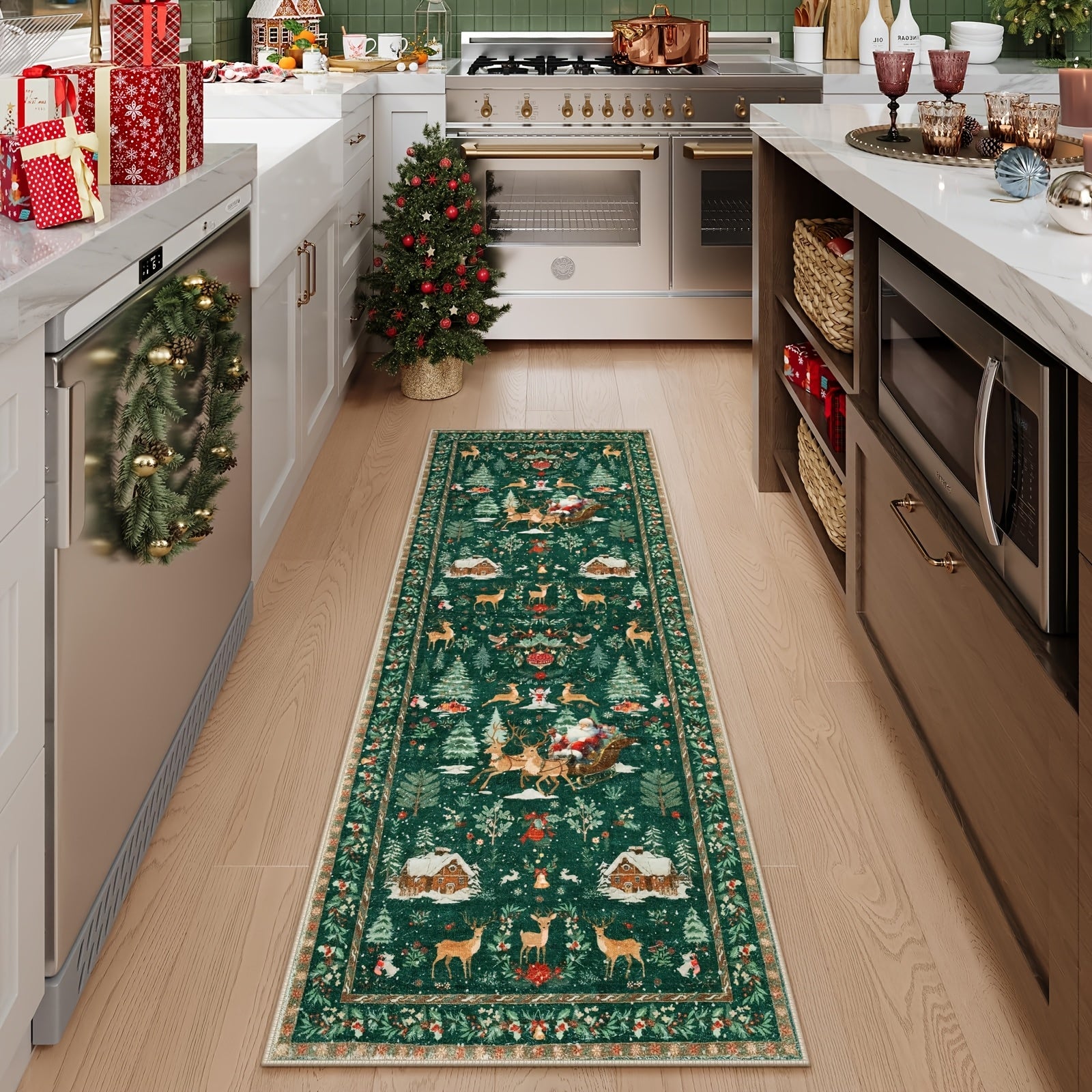 Christmas Running Mat 24x71in Red Running Mat, Suitable for Hallway, Kitchen Mat, Washable Mat, Soft Christmas Tree Santa Claus Running Mat, Used for Bathroom Bedside Holiday Decoration (Red and Green), Christma Carpet Runner