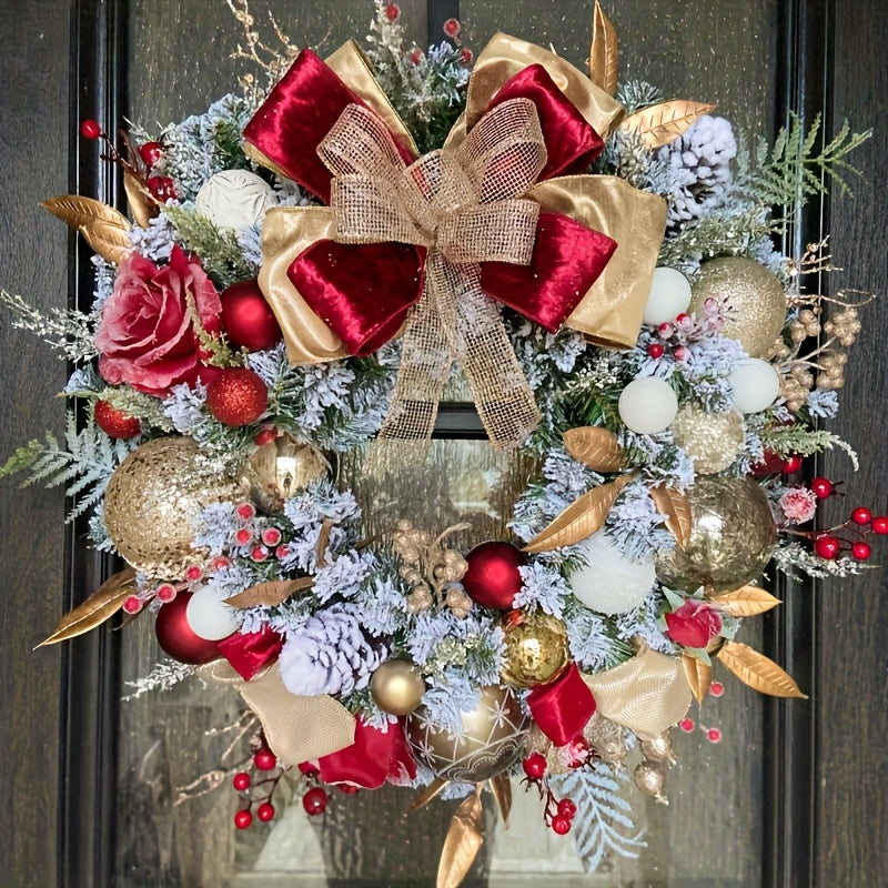 Elegant Red & Golden Christmas Wreath with Mixed Ribbons, Red Berries & Roses - Artificial Plastic Door Wreath for Indoor/Outdoor Holiday Decor, Perfect For Christmas, Halloween, Winter Celebrations, Christmas Decorations, Be