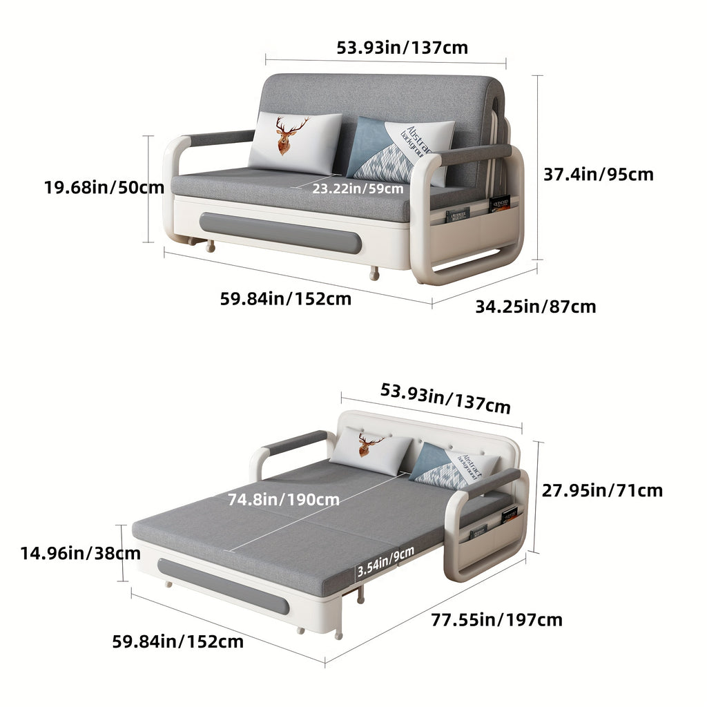 3-in-1 Multifunctional Sofa Bed with Wooden Storage Cabinet, Retractable Double Sofa Bed for Home Use, Space-Saving for Small Apartments, Straight-Line Light Grey Linen Fabric Cushioned Sofa Bed, Suitable for Living Room Or B