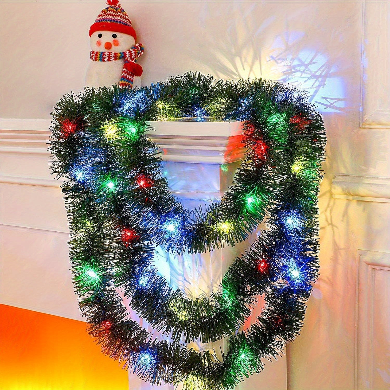 Pre-Lit Christmas Garland with Lights, 2 pcs 400 cm 30 LED Operated Greenery, Plastic Material No Feathers, for Stairs Railing Fireplace Mantle & Door Frame Decor, Indoor Office Holiday Decoration, Wall Hanging Christmas Deco