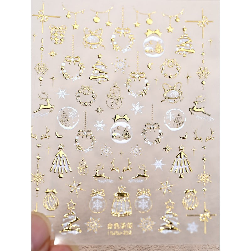 Christmas Nail Stickers - Golden Embossed Snowflakes on Branches, 3D Christmas Tree & Crystal Ball Design with Bells, Reindeer & More Classic Holiday Elements! Sparkling Blingbling Glitter Effect, Easy to Apply with Adhesive