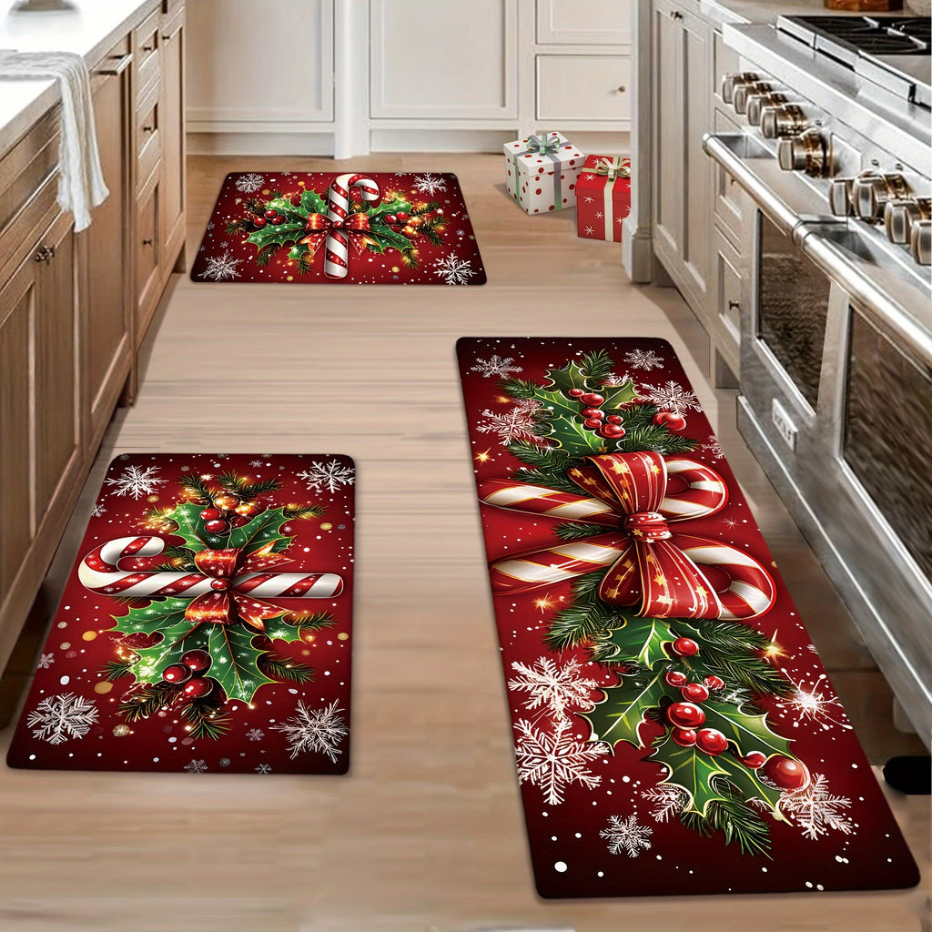 2/3pcs Merry Christmas Winter Decor Candy Canes Holly Snowflake Kitchen Mat Set, Luxury Holiday Red Green Memory Foam Mat for Easy Cleaning - Festive Home Gift