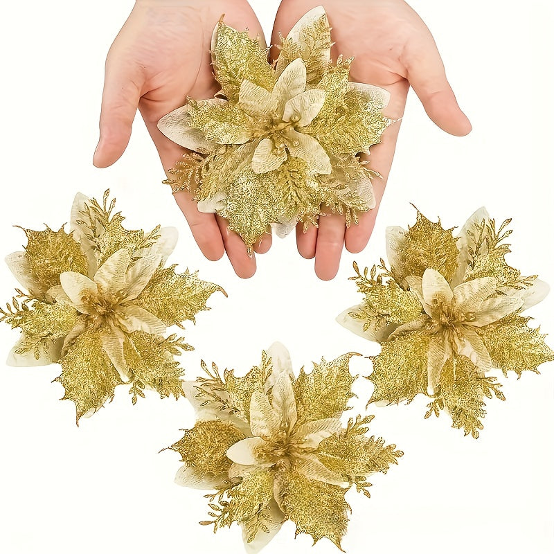 [Shiny Golden Christmas Flowers] 20pcs Shiny Golden Christmas Flowers | 10 Blooms & 10 Clips, No Electricity Needed, Durable Plastic Poinsettia for Xmas Tree Wreaths, Weddings, Parties, Holiday Decorations, Festive Floral Arr
