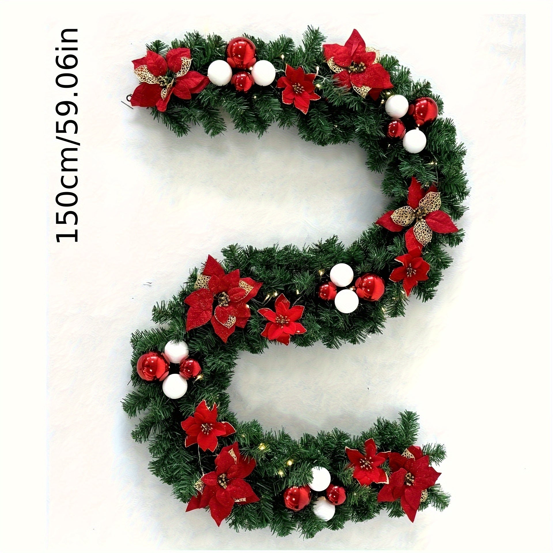 Classic Artificial Christmas Garland with Red Poinsettias & Berries - Outdoor/Indoor Plastic Holiday Decor, No Electricity Needed, DIY Home & Store Decoration, Christmas Decorations, Festive Wreath Crafting, Halloween Decorat