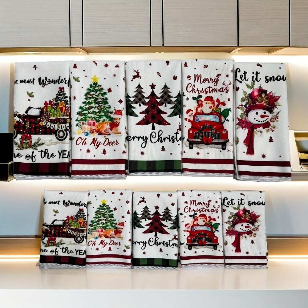 Christmas Kitchen Towels - Festive Snowflake, Reindeer, Santa Claus & Snowman Designs, Soft Microfiber Dish Cloths & Hand Towels, 5 or 10-Pack, Hand Wash Only, Perfect For Holiday Decor & Party Supplies, Christmas Kitchen Dec