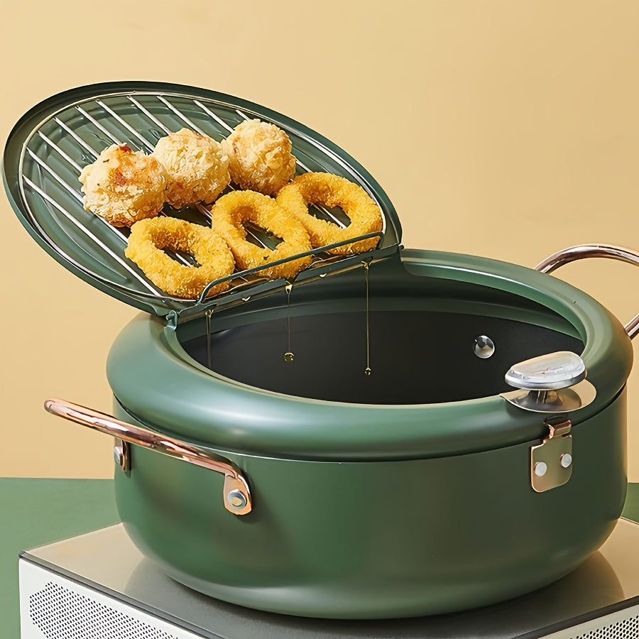 Deep Fryer Pot, 4.3L/11 Inch Japanese Tempura Frying Pot with Fahrenheit Thermometer, for Tempura/Frech/Fish/Chicken Fries, Easy Clean, Green